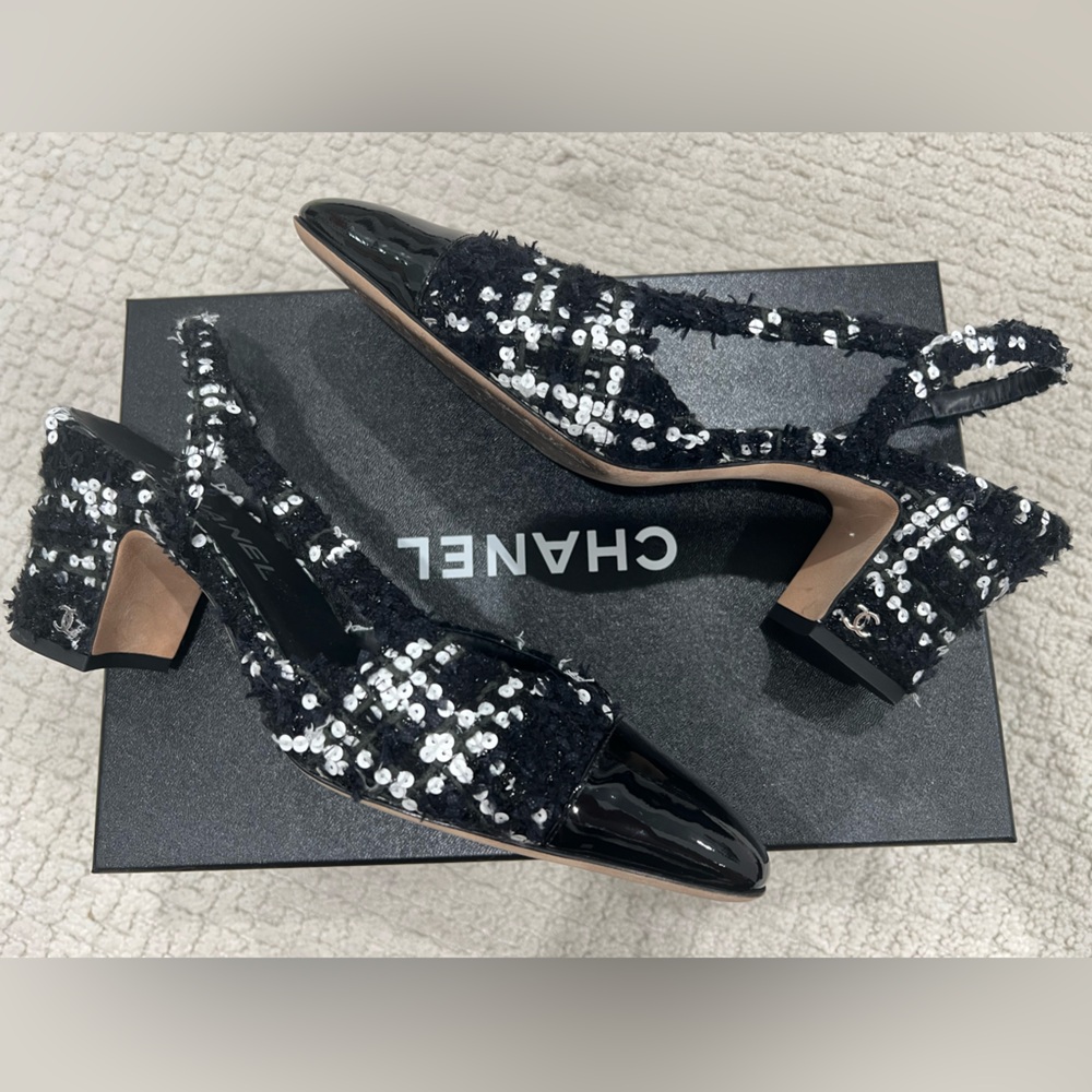 Chanel glittered tweed & sequin slingbacks